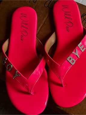 Wild Pair Women’s Neon Pink Rhinestone 'BYE BOY' Flip Flops